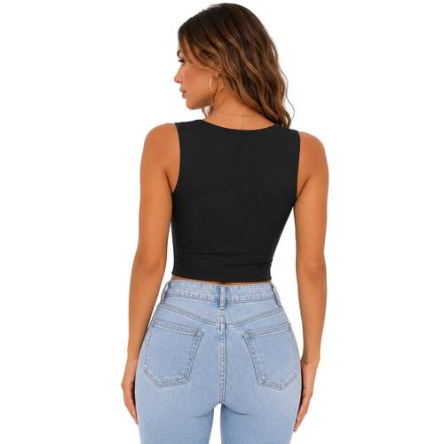 A woman shown from the back wearing a sleeveless black crop top and light blue jeans against a plain white studio background.