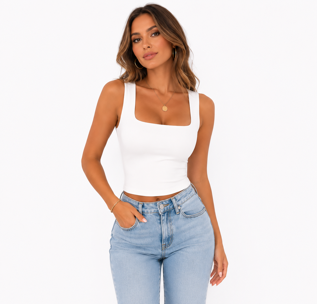 A woman modeling a fitted white ribbed tank top with a square neckline and light-wash blue jeans against a plain white studio background.